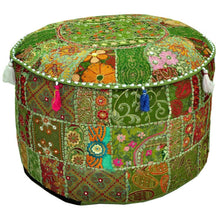 Load image into Gallery viewer, Aakriti Gallery Pouf Footstool with Embroidery Pouf, Indian Cotton, Pouf, Ottoman Pouf Cover with Ethnic Decor Art - Cover (Green)