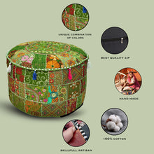 Load image into Gallery viewer, Aakriti Gallery Pouf Footstool with Embroidery Pouf, Indian Cotton, Pouf, Ottoman Pouf Cover with Ethnic Decor Art - Cover (Green)