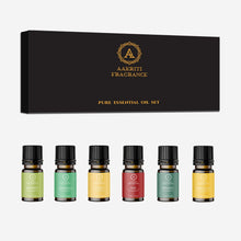 Load image into Gallery viewer, Aakriti Essential Oil Set in Gift Box | Safe for Diffusers, Massage, Aromatherapy, Candle Making, Skin & Hair Care in 10mL Glass Bottles