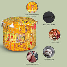 Load image into Gallery viewer, Aakriti Gallery Pouf Footstool with Embroidery Pouf, Indian Cotton, Pouf, Ottoman Pouf Cover with Ethnic Decor Art - Cover (Yellow)