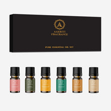 Load image into Gallery viewer, Aakriti Essential Oil Set in Gift Box | Safe for Diffusers, Massage, Aromatherapy, Candle Making, Skin & Hair Care in 10mL Glass Bottles