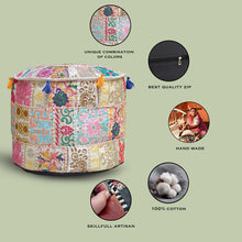 Load image into Gallery viewer, Aakriti Gallery Pouf Footstool with Embroidery Pouf, Indian Cotton, Pouf, Ottoman Pouf Cover with Ethnic Decor Art - Cover (Beige)