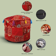 Load image into Gallery viewer, Aakriti Gallery Pouf Footstool with Embroidery Pouf, Indian Cotton, Pouf, Ottoman Pouf Cover with Ethnic Decor Art - Cover (Red)