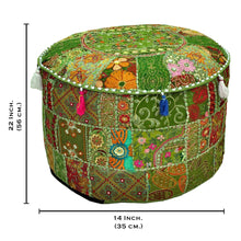 Load image into Gallery viewer, Aakriti Gallery Pouf Footstool with Embroidery Pouf, Indian Cotton, Pouf, Ottoman Pouf Cover with Ethnic Decor Art - Cover (Green)