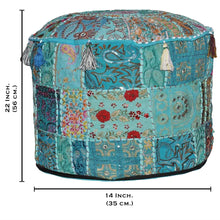 Load image into Gallery viewer, Aakriti Gallery Pouf Footstool with Embroidery Pouf, Indian Cotton, Pouf, Ottoman Pouf Cover with Ethnic Decor Art - Cover (Turquoise)