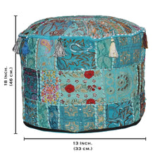 Load image into Gallery viewer, Aakriti Gallery Pouf Footstool with Embroidery Pouf, Indian Cotton, Pouf, Ottoman Pouf Cover with Ethnic Decor Art - Cover (Turquoise)