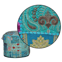 Load image into Gallery viewer, Aakriti Gallery Pouf Footstool with Embroidery Pouf, Indian Cotton, Pouf, Ottoman Pouf Cover with Ethnic Decor Art - Cover (Turquoise)