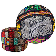 Load image into Gallery viewer, Aakriti Gallery Pouf Footstool with Embroidery Pouf, Indian Cotton, Pouf, Ottoman Pouf Cover with Ethnic Decor Art - Cover (Black)