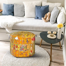 Load image into Gallery viewer, Aakriti Gallery Pouf Footstool with Embroidery Pouf, Indian Cotton, Pouf, Ottoman Pouf Cover with Ethnic Decor Art - Cover (Yellow)