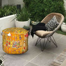 Load image into Gallery viewer, Aakriti Gallery Pouf Footstool with Embroidery Pouf, Indian Cotton, Pouf, Ottoman Pouf Cover with Ethnic Decor Art - Cover (Yellow)
