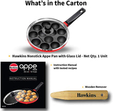 Load image into Gallery viewer, Hawkins 22 cm Appe Pan, Non Stick Paniyaram Pan with Glass Lid, 12 Cups Paniyarakkal Ceramic Pan, Litti Pan, Kuzhi Paniyaram Pan, Ponganalu Pan, Red (NAPE22G)
