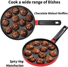 Load image into Gallery viewer, Hawkins 22 cm Appe Pan, Non Stick Paniyaram Pan with Glass Lid, 12 Cups Paniyarakkal Ceramic Pan, Litti Pan, Kuzhi Paniyaram Pan, Ponganalu Pan, Red (NAPE22G)
