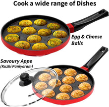 Load image into Gallery viewer, Hawkins 22 cm Appe Pan, Non Stick Paniyaram Pan with Glass Lid, 12 Cups Paniyarakkal Ceramic Pan, Litti Pan, Kuzhi Paniyaram Pan, Ponganalu Pan, Red (NAPE22G)
