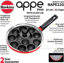 Load image into Gallery viewer, Hawkins 22 cm Appe Pan, Non Stick Paniyaram Pan with Glass Lid, 12 Cups Paniyarakkal Ceramic Pan, Litti Pan, Kuzhi Paniyaram Pan, Ponganalu Pan, Red (NAPE22G)
