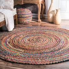 Load image into Gallery viewer, Aakriti Gallery Boho Rag Rug Cotton Handmade Patch Rug Jute for The Living Room, Dining Room, Bedroom in Round Shape
