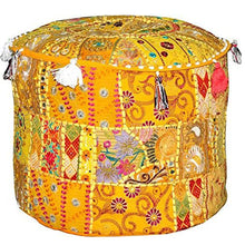 Load image into Gallery viewer, Aakriti Gallery Pouf Footstool with Embroidery Pouf, Indian Cotton, Pouf, Ottoman Pouf Cover with Ethnic Decor Art - Cover (Yellow)
