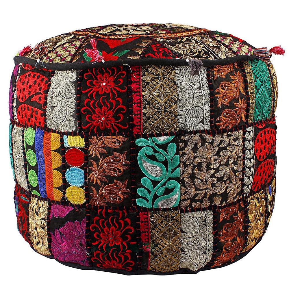 Aakriti Gallery Pouf Footstool with Embroidery Pouf, Indian Cotton, Pouf, Ottoman Pouf Cover with Ethnic Decor Art - Cover (Black)