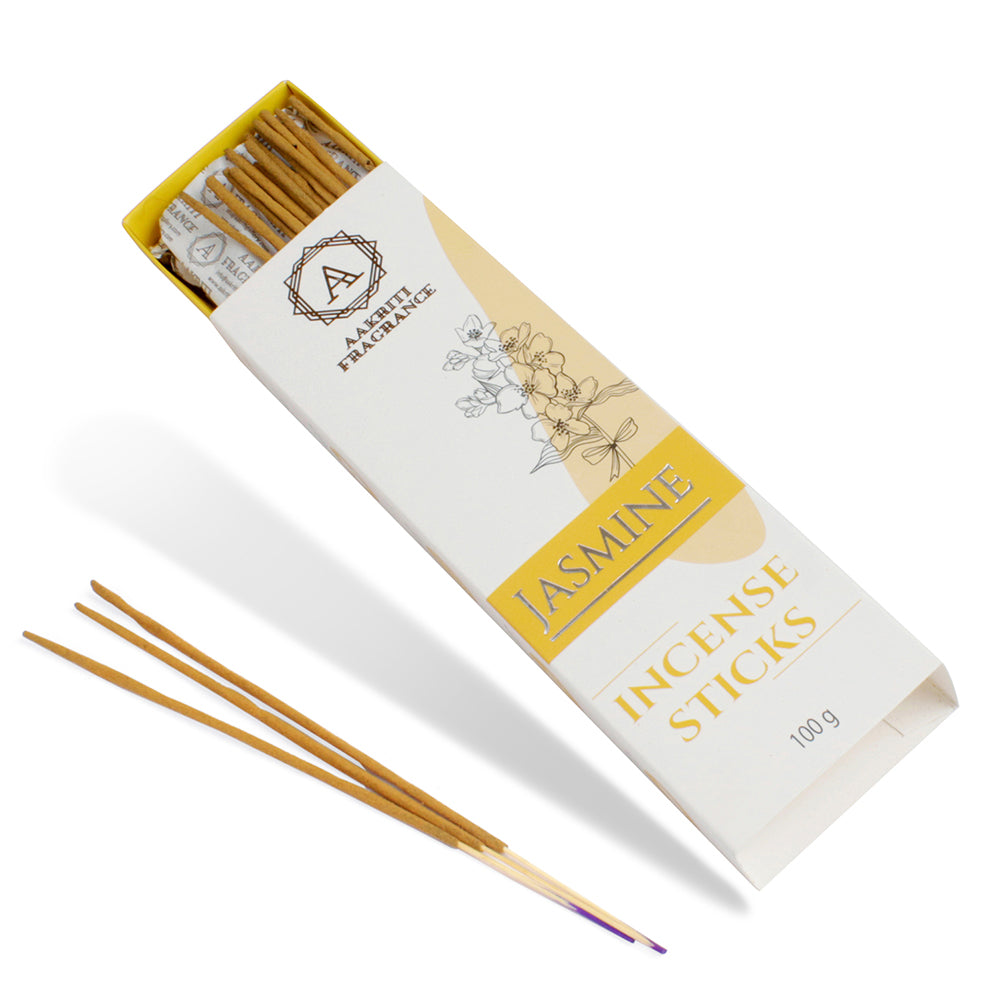 AAKRITI INCENSE Natural Jasmine Masala Incense Sticks | [100 Grams] | Low Smoke | Long Burn | Premium Handrolled Charcoal Free Non-Toxic Agarbatti | For – Meditation. Aromatherapy. Relaxation. Rejuvenation.