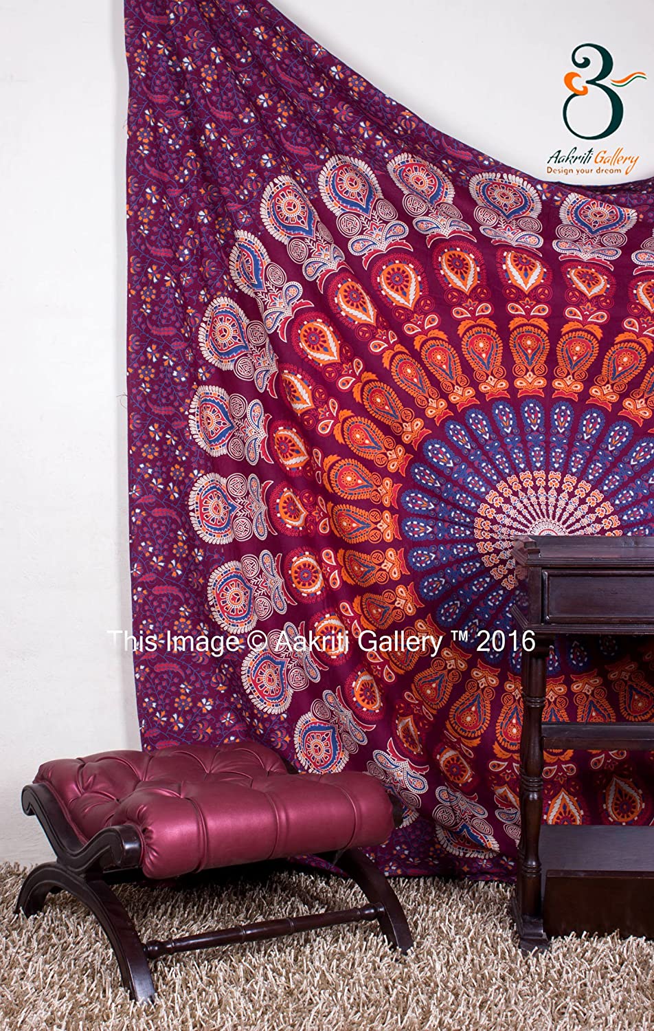 Aakriti Gallery Tapestry Queen Ombre Gift Hippie tapestries Mandala Bohemian Psychedelic Intricate Indian Bedspread Maroon Color  (235x210 Cm),(92 x 82'' In)