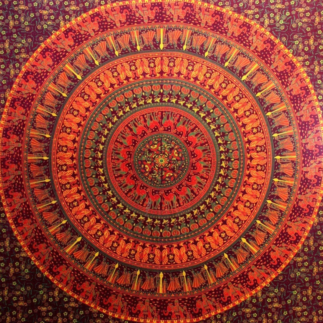 Aakriti Camel Elephant & Hippie Tapestry Mandala Tapestry Wall Hanging for Home Décor - Maroon (L 210 x W 140 Cm), (L 82 x W 56 In)