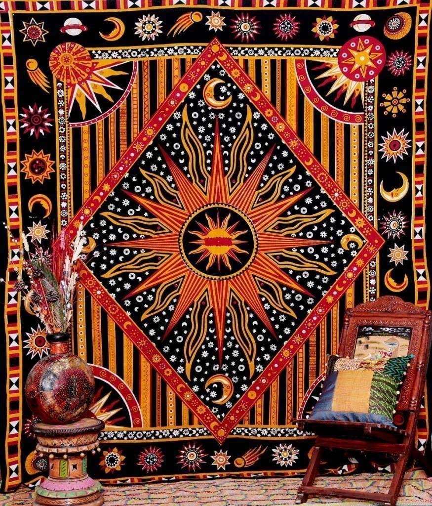 Aakriti Cotton Mandala Tapestry Wall Hanging - Bohemian Bedspread Tapestries for Living Room, Home Décor - Orange (L 210 x W 140 Cm), (L 82 x W 56 In)