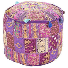 Load image into Gallery viewer, Aakriti Gallery Pouf Footstool with Embroidery Pouf, Indian Cotton, Pouf, Ottoman Pouf Cover with Ethnic Decor Art - Cover (Purple)

