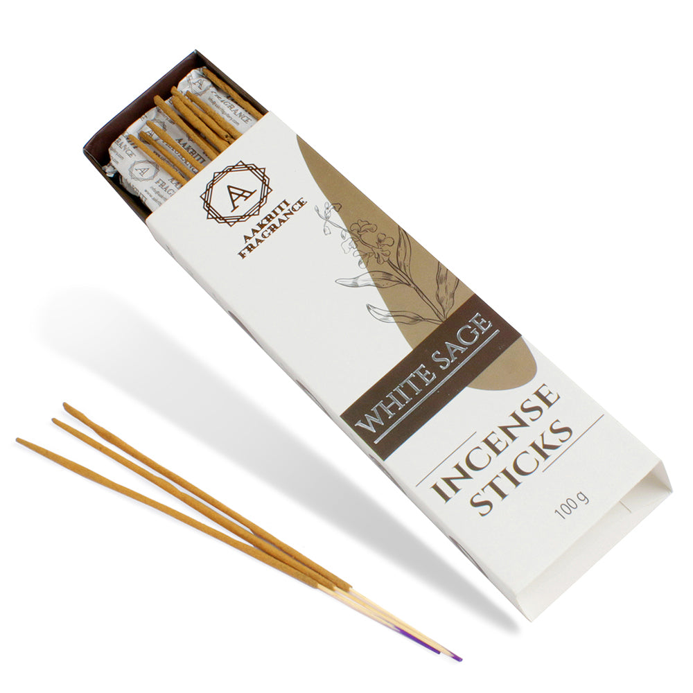 AAKRITI INCENSE Natural White Sage Masala Incense Sticks | [100 Grams] | Low Smoke | Long Burn | Premium Handrolled Charcoal Free Non-Toxic Agarbatti | For – Relaxation. Yoga. Prayer. Aromatherapy