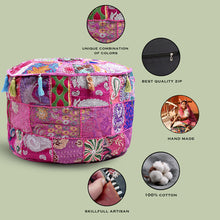 Load image into Gallery viewer, Aakriti Gallery Pouf Footstool with Embroidery Pouf, Indian Cotton, Pouf, Ottoman Pouf Cover with Ethnic Decor Art - Cover (Pink)

