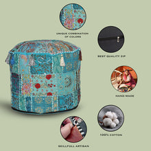 Load image into Gallery viewer, Aakriti Gallery Pouf Footstool with Embroidery Pouf, Indian Cotton, Pouf, Ottoman Pouf Cover with Ethnic Decor Art - Cover (Turquoise)
