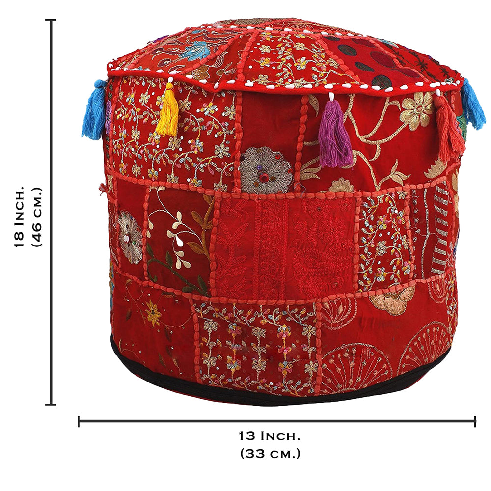 Aakriti Gallery Pouf Footstool with Embroidery Pouf, Indian Cotton, Pouf, Ottoman Pouf Cover with Ethnic Decor Art - Cover (Red)