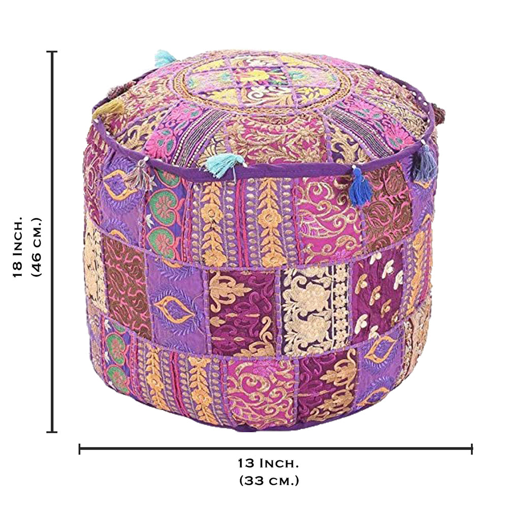 Aakriti Gallery Pouf Footstool with Embroidery Pouf, Indian Cotton, Pouf, Ottoman Pouf Cover with Ethnic Decor Art - Cover (Purple)
