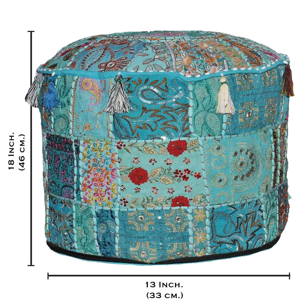 Aakriti Gallery Pouf Footstool with Embroidery Pouf, Indian Cotton, Pouf, Ottoman Pouf Cover with Ethnic Decor Art - Cover (Turquoise)