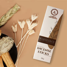 Load image into Gallery viewer, AAKRITI INCENSE Natural White Sage Masala Incense Sticks | [100 Grams] | Low Smoke | Long Burn | Premium Handrolled Charcoal Free Non-Toxic Agarbatti | For – Relaxation. Yoga. Prayer. Aromatherapy
