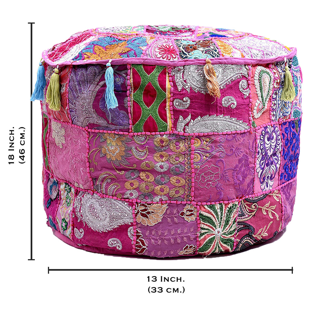 Aakriti Gallery Pouf Footstool with Embroidery Pouf, Indian Cotton, Pouf, Ottoman Pouf Cover with Ethnic Decor Art - Cover (Pink)