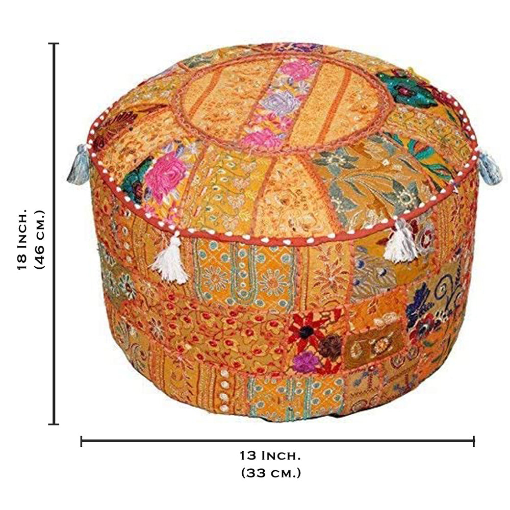 Aakriti Gallery Pouf Footstool with Embroidery Pouf, Indian Cotton, Pouf, Ottoman Pouf Cover with Ethnic Decor Art - Cover (Orange)