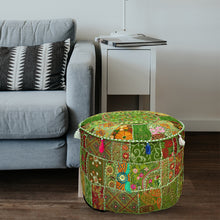 Load image into Gallery viewer, Aakriti Gallery Pouf Footstool with Embroidery Pouf, Indian Cotton, Pouf, Ottoman Pouf Cover with Ethnic Decor Art - Cover (Green)
