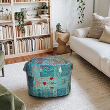 Load image into Gallery viewer, Aakriti Gallery Pouf Footstool with Embroidery Pouf, Indian Cotton, Pouf, Ottoman Pouf Cover with Ethnic Decor Art - Cover (Turquoise)
