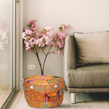 Load image into Gallery viewer, Aakriti Gallery Pouf Footstool with Embroidery Pouf, Indian Cotton, Pouf, Ottoman Pouf Cover with Ethnic Decor Art - Cover (Orange)
