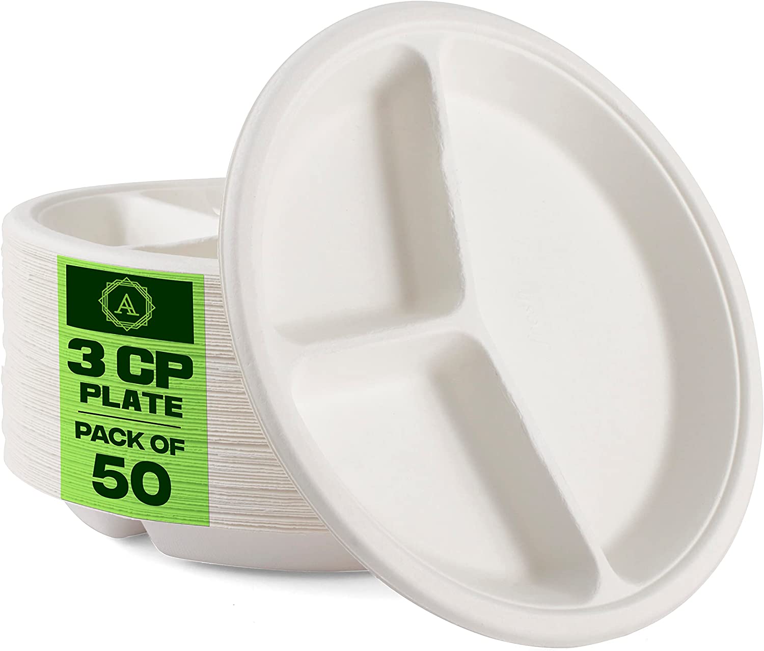 100% Compostable 9 Inch Heavy-Duty Plates 3 Compartment Eco-Friendly  Disposable Sugarcane Paper Plates