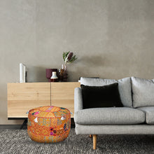 Load image into Gallery viewer, Aakriti Gallery Pouf Footstool with Embroidery Pouf, Indian Cotton, Pouf, Ottoman Pouf Cover with Ethnic Decor Art - Cover (Orange)
